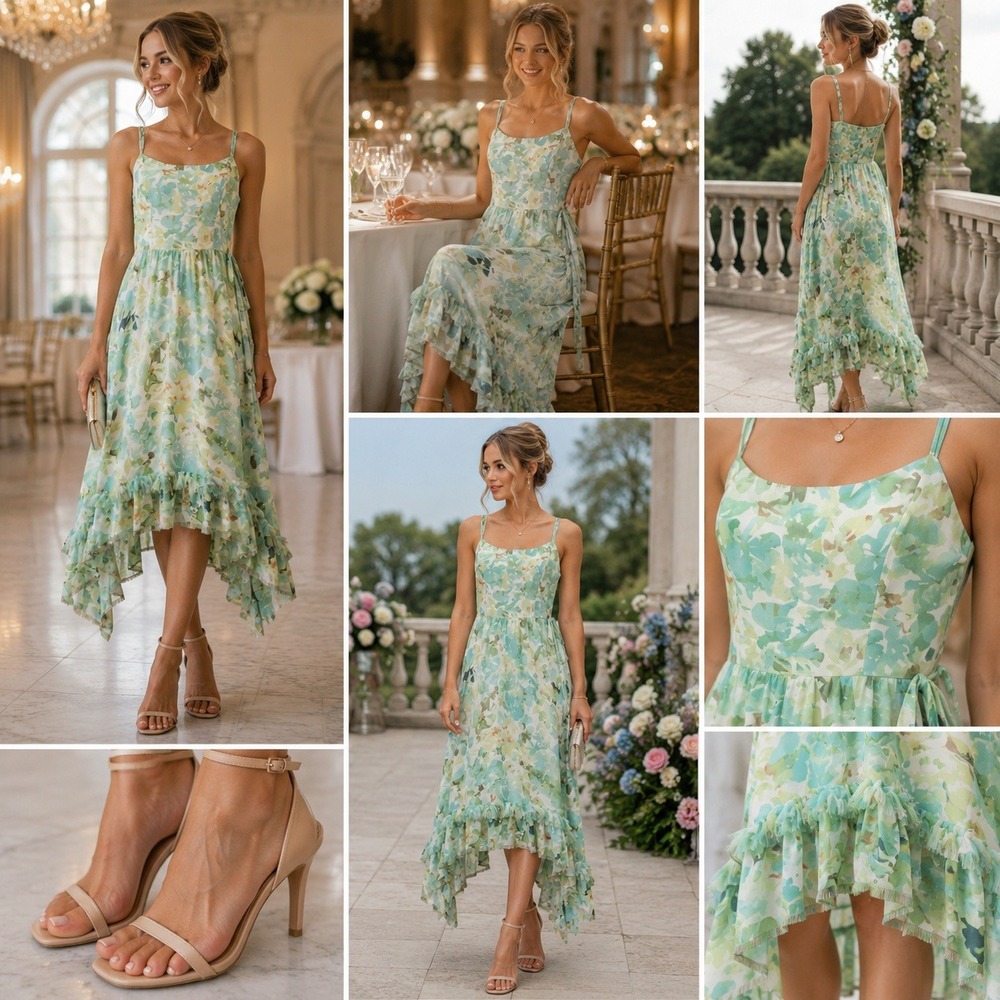 NWT Dress The Population Floral High-Low Ruffle Midi Dress Green Blue Large NWT - Picture 1 of 7
